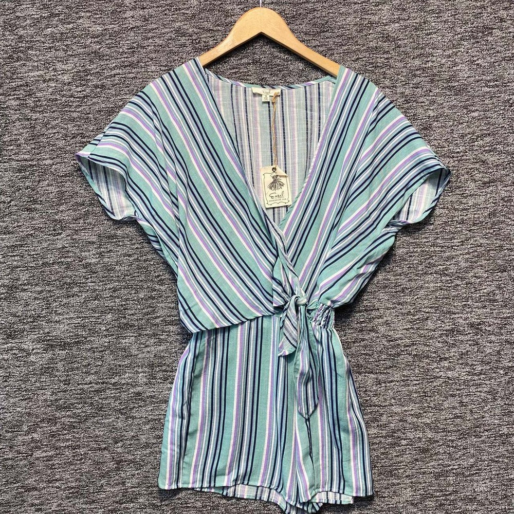 Easel Striped Tie Front Surplice Romper Women Small Blue Smocked Waist Boho